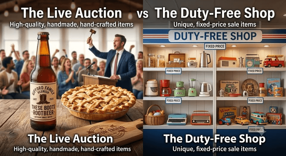 Comparison graphic: Live Auction handmade items on the left and Duty-Free Shop fixed-price secondhand goods on the right