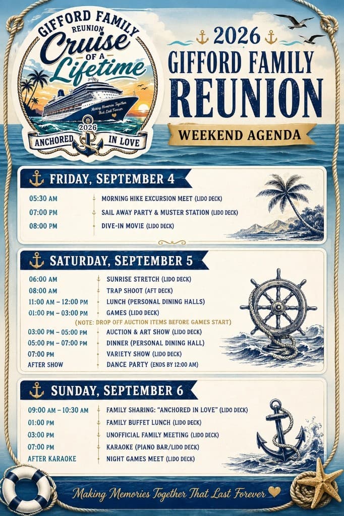 2026 Gifford Family Reunion Weekend Agenda